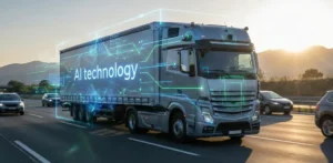 Autonomous semi-truck driving on highway with AI technology overlay