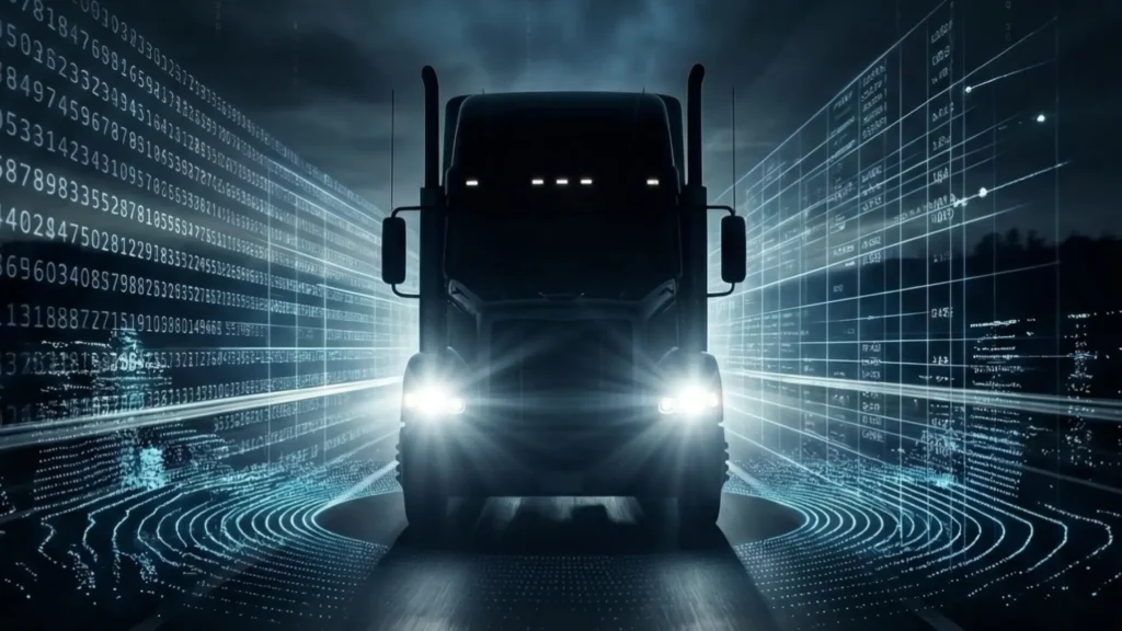 Self-driving semi-truck on a dark highway surrounded by data streams and sensor rings representing autonomous vehicle technology