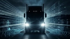 Self-driving semi-truck on a dark highway surrounded by data streams and sensor rings representing autonomous vehicle technology