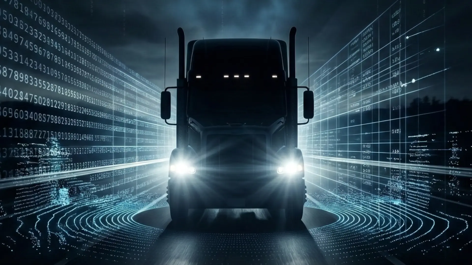 Self-driving semi-truck on a dark highway surrounded by data streams and sensor rings representing autonomous vehicle technology