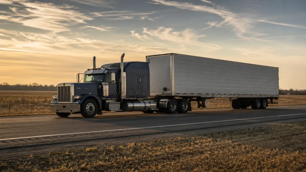 Class 8 American semi-truck pulling a white dry van trailer along an open US interstate at golden hour