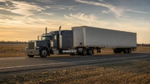 Class 8 American semi-truck pulling a white dry van trailer along an open US interstate at golden hour