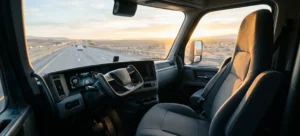 The view from inside a moving autonomous semi-truck at dawn, the driver's seat empty and the steering yoke turning with no one at the wheel.